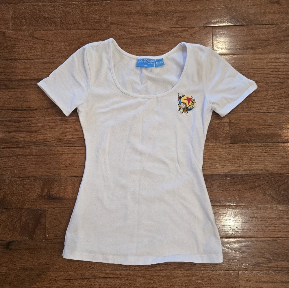 Loungefly White Scoop Neck Tee with Small Colorful Embroidered Patch